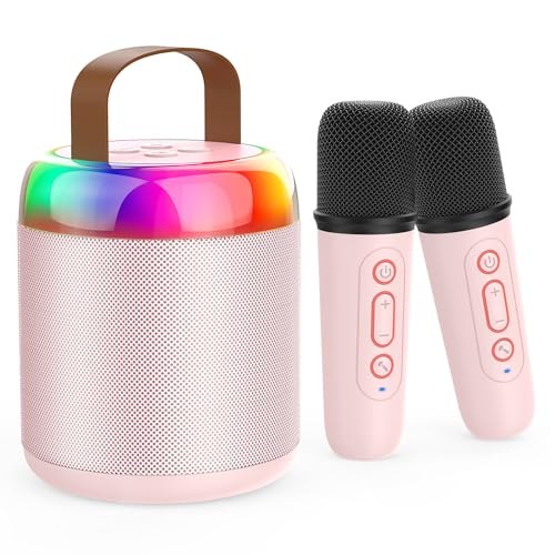 Mini Karaoke Machine for Kids Portable Bluetooth 5.3 Speaker Led Lights with 2 Wireless Microphones Karaoke Gifts for Girls Boys Audlt Birthday Christmas Indoor Outdoor Home Party (Pink)