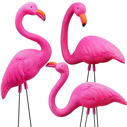 JOYIN 3 Pack Large Pink Flamingo Yard Decorations, Medium Plastic Lawn Flamingos Ornament Stakes, Flamingo Party Decor with Rubber Coating Metal Legs for Yard, Garden, Luau Party Gift (11in x 20in)