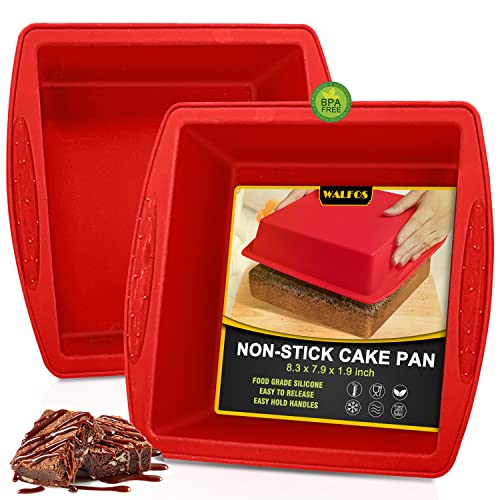 Walfos Silicone Square Cake Pan, 8 inch, Red, BPA Free, Non-Stick, Perfect for Brownies, Cakes, Bread, Pies, and Lasagna, Set of 2