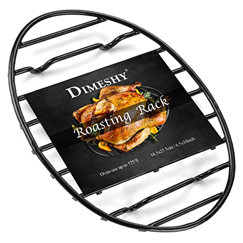 DIMESHY Roasting Rack, Black with Integrated Feet, Enamel Finished, Nonstick, fit for 13 inches oval roasting pan, safety, dishwasher, Great for Basting, Cooking, Drying, Cooling rack.(10”x 6.5”)