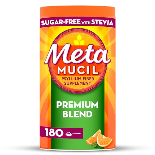 Metamucil Premium Blend, Daily Psyllium Fiber Powder Supplement, 4-in-1 Fiber for Digestive Health, Sugar-Free with Stevia, Plant Based Fiber, Orange Flavored, 180 Servings