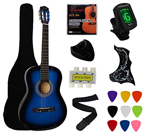 YMC 38' Blue Beginner Acoustic Guitar Starter Package Student Guitar with Gig Bag,Strap, 3 thickness 9 Picks,2 Pickguards,Pick Holder, Extra Strings, Electronic Tuner -Blue