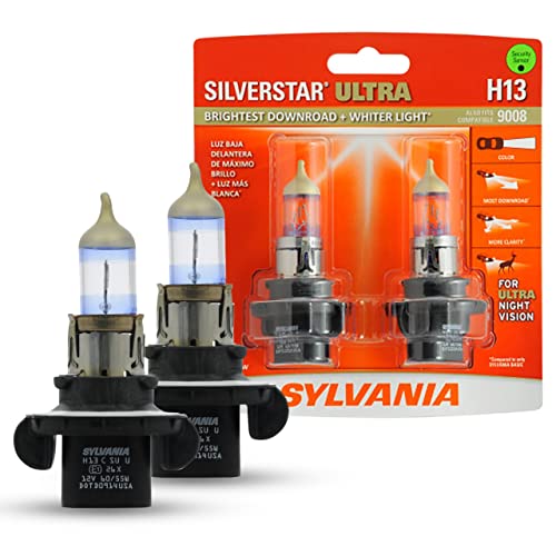 SYLVANIA - H13 SilverStar Ultra - High Performance Halogen Headlight Bulb, High Beam, Low Beam and Fog Replacement Bulb, Brightest Downroad with Whiter Light, Tri-Band Technology (Contains 2 Bulbs)