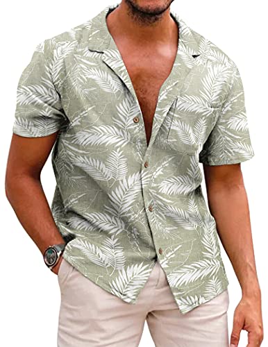 COOFANDY Men Linen Aloha Shirts Button Up Lightweight Beach Wear Wedding T Shirts