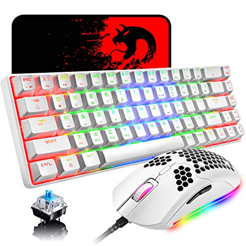 LexonElec 60% Mechanical Gaming Keyboard Blue Switch Mini 68 Keys Wired Type C 18 Backlit Effects,Lightweight RGB 6400DPI Honeycomb Optical Mouse,Gaming Mouse pad for Gamers and Typists (White)