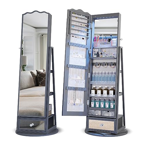 Lvifur 360° Rotating LED Jewelry Armoire, Full Length Mirror Large Capacity Jewelry Organizer Armoire, Lockable Floor Standing Mirror with Back Storage Shelves for Bedroom, Cloakroom