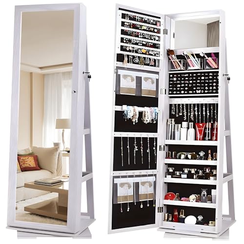 sogesfurniture Lockable Floor Standing Wooden Jewelry Armoire with Full Length Mirror 360°Rotatable Jewelry Organizer Cabinet Lockable with Storage Shelf, White BHUS-QH-7021C