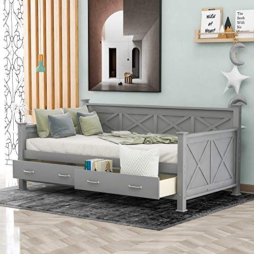 Oudiec Twin Daybed with Storage Drawers,Solid Pinewood Bedframe with Guardrail for Boys/Girls/Teens/Kids Bedroom,No Box Spring Needed,Gray