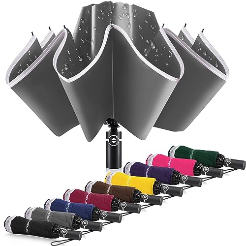 Bodyguard Inverted Umbrella Large Windproof Umbrellas for Rain Sun Travel Umbrella Compact with Reflective Stripe, Gray-46 INCH