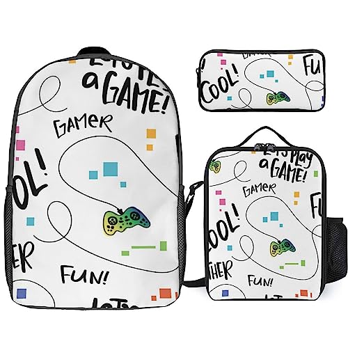 NAWFIVE Gamepad Joystick Cartoon Backpack And Lunch Bag,Pencil Case 3 Set Bag Cool Lightweight Casual Daypack for Men Women Work,Travel