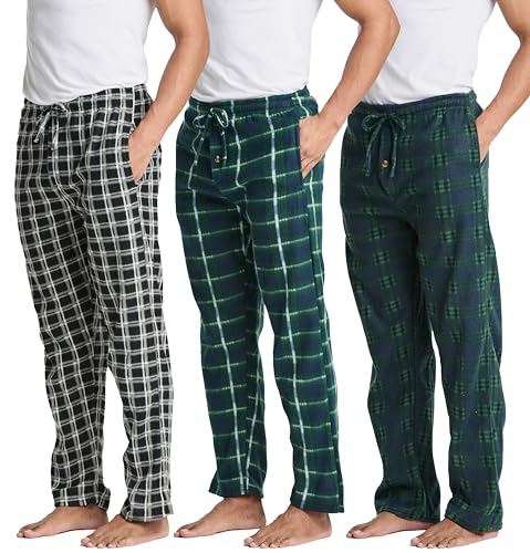 3 Pack: Mens Pajama Pants Lounge Fleece Buffalo Plaid Men PJ Bottoms Sleep Pockets Christmas Microfleece Men Pajamas Pjs Sleeping Sleepwear Night Knit Fluffy Winter Warm Sleeping Fuzzy SET 1-M