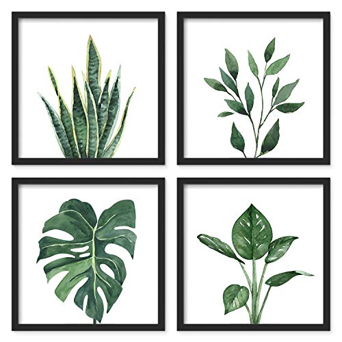 ArtbyHannah Bathroom Wall Art Set of 4 Botanical Wall Decor Green Plant Picture Frame Prints for Home Bedroom Restroom Decoration (Black, 10x10)