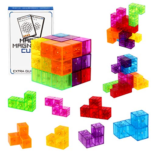 DASDAX Magnetic Building Blocks Magic Magnetic 3D Puzzle Cubes, Set of 7 Multi Shapes Magnetic Blocks with 54 Guide Cards, Intelligence Developing and Stress Relief Fidget Toys