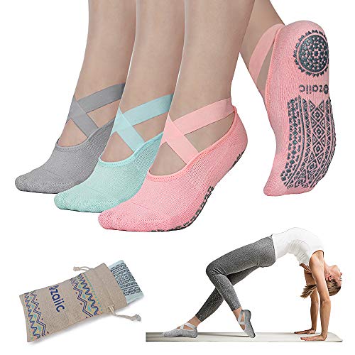 Yoga Socks for Women Non-Slip Grips & Straps, Ideal for Pilates, Pure Barre, Ballet, Dance, Barefoot Workout (3 Pairs-Gray/Green/Pink, One Size (Women 5.5-11))