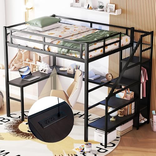 Full Size Loft Bed with Desk and Storage Stairs, LED Loft Bed with Wardrobe, USB Port, Outlets and Adjustable Shelf, Metal Loft Bed for Kids, Teens, Adults, Full Loft Bed Frame Black