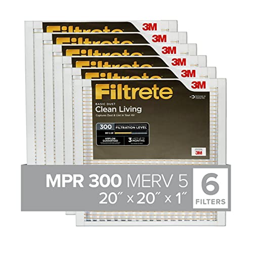 Filtrete 20x20x1 AC Furnace Air Filter, MERV 5, MPR 300, Capture Unwanted Particles, 3-Month Pleated 1-Inch Electrostatic Air Cleaning Filter, 6-Pack (Actual Size19.69x19.69x0.81 in)
