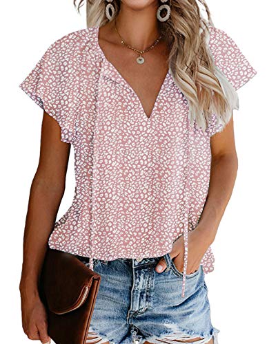 Mansy Women's Casual Floral Print V Neck Ruffle Short Sleeve Summer Shirts Tops Loose Blouses