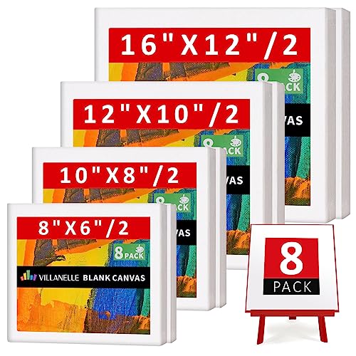 Stretched Canvas, 6x8, 8x10, 10x12, 12x16, 8 Set Artist Canvase Frame Board Panels, 100% Cotton Blank Canvase Oil Acrylic Watercolor Pouring Paint, Acid-Free for Kids & Artists