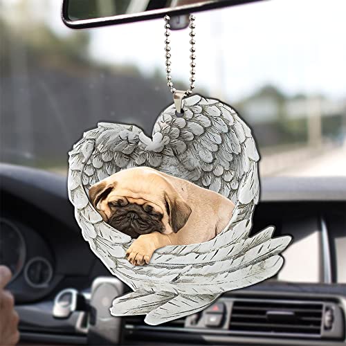 Talataca Pug Sleeping Angel Wing Memorial Dog 2D Flat Car Rear View Mirror Accessories Christmas Tree Ornament Decoration Hanging Charm Interior Rearview Pendant Decor Gift