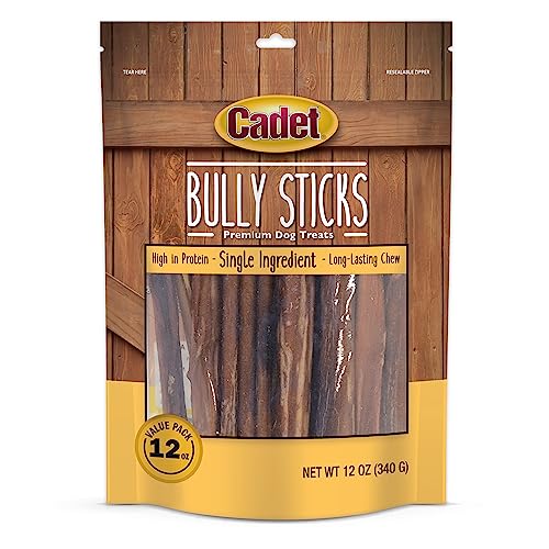 Cadet Bully Sticks- All-Natural, Long-Lasting Grain-Free Dog Chews - Bully Sticks for Small, Medium, and Large Dogs - Treats for Aggressive Chewers (12 oz.)