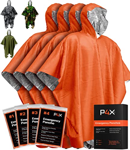 PREPARED4X Emergency Blanket with Mylar Blanket Liner - Survival Blankets for Car - Heavy Duty, Waterproof Camping Gear– 4 Pack (Orange)