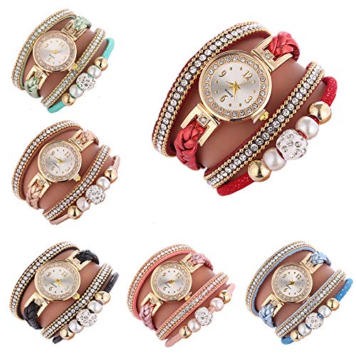 CdyBox Women Ladies Wholesale 6 Pack Diamond Watch Set Lot Leather Wrap Around Bracelet Analog Quartz Dress Wrist Watches Wholesale(6pcs)