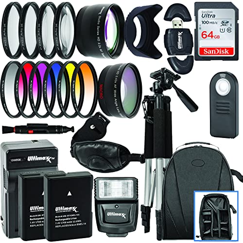 Ultimaxx 55MM Accessory Kit for Nikon D3300,D3400,D3500,D5500,D5600,D7500,D500, D780 & More - Includes: 2X EN-EL14A Replacement Batteries, Digital Filter Kits, Lightweight 57” Tripod, Backpack & More