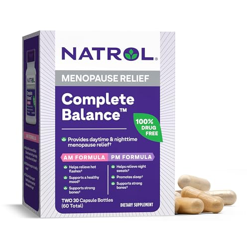 Natrol Complete Balance A.M./P.M. Capsules for Menopause Relief, Helps Relieve Hot Flashes and Night Sweats, Provides Mood Support, Purple, 30 Count, Pack of 2