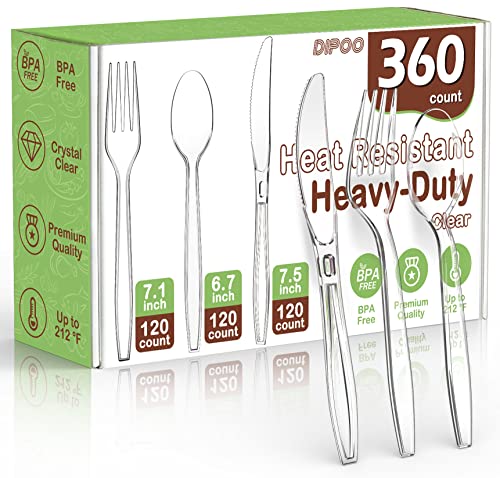 360 Count Plastic Silver Ware Heavy Duty, 120 Forks, 120 Spoons, 120 Knives, Heat Resistant & BPA Free Disposable SilverWare, Disposable Cutlery set, Premium Clear Utencils for Party Supply