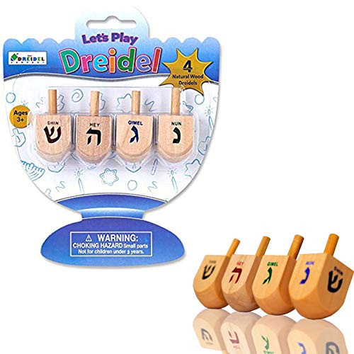 The Dreidel Company Let's Play Dreidel The Hanukkah Game 4 Natural Wooden Dreidels with Instructions for Chanukah - Instructions Included