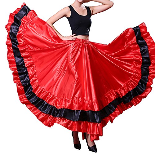 BACKGARDEN Women Black Red Layers Satin Long Skirt for Spanish Flamenco Belly Dance Gypsy Mexico Ballet Folklorico Performance Costume (Red Theme)