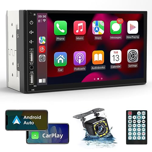Leadfan Double Din Car Stereo Radio Support Apple Carplay&Android Auto, 7inch HD Touchscreen Double Din Radio with Bluetooth, Car Audio Receivers, Camera, MirrorLink, FM Radio, 2 USB/TF/AUX/Subwoofer