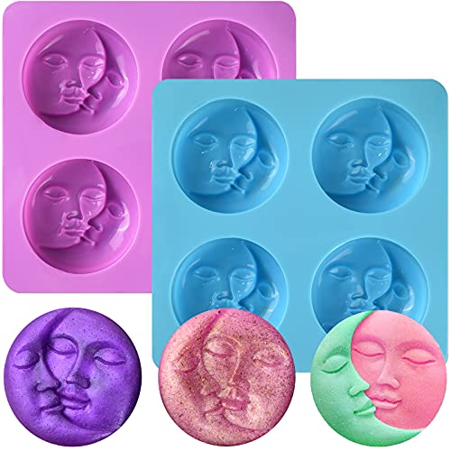 2 Pcs Silicone Soap Molds,Sun & Moon Face Soap Molds for Soap Making, Bath Bomb Molds for Homemade Bath Bombs,Lotion Bar,DIY Resin Making,Wax,Polymer Clay (Purple and Blue)