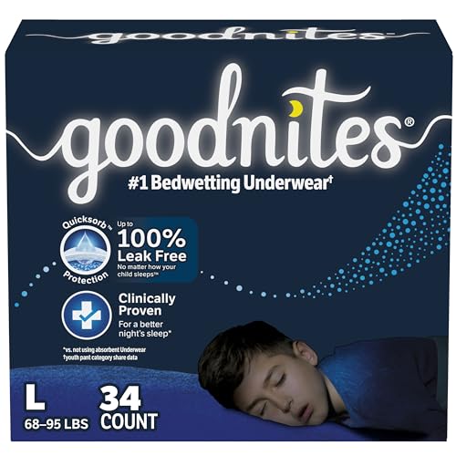 Goodnites Boys' Nighttime Bedwetting Underwear, Size Large (68-95 lbs), 34 Ct (2 Packs of 17), Packaging May Vary