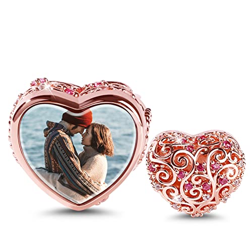 GNOCE 'Soulmate Custom Photo Charm Bead 925 Sterling Silver Rose Gold Heart Photo Beads Charm with Red Stone Personalized Charms for Bracelets Necklaces Valentine's Day Gift for Her…