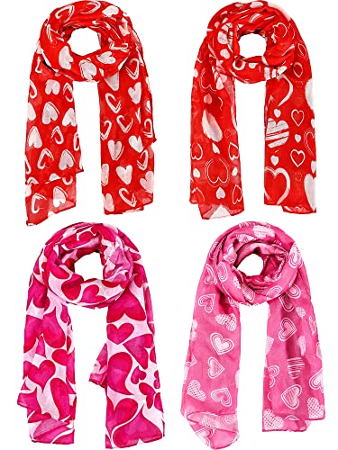 4 Pieces Valentine's Day Scarf for Women Pink White Heart Print Scarf Valentines Scarf for Women Girl Christmas Birthday Valentine's Gift, 4 Styles