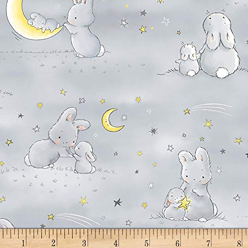 Timeless Treasures Little Star Flannel Bunnies And Little Ones With Moons Grey, Quilting Fabric by the Yard