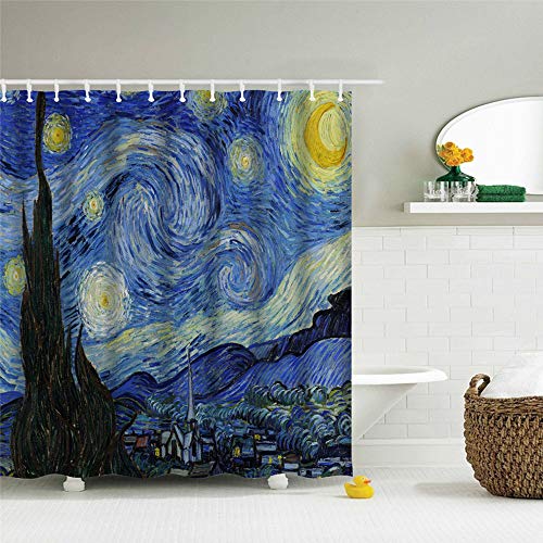 IcosaMro Starry Night Shower Curtain for Bathroom with Hooks, Van Gogh Stars Art Decorative Long Cloth Fabric Shower Curtain Bath Decorations - 71Wx72L, Blue