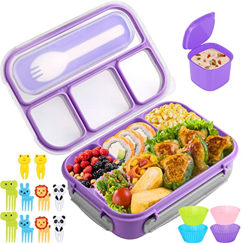 Bento Box, Lunch Box Kids, 1300ML with 4 Compartment&Food Picks Cake Cups, Containers for Adults/Kids/Toddler, Leak-Proof, Microwave/Dishwasher/Freezer Safe(Purple)