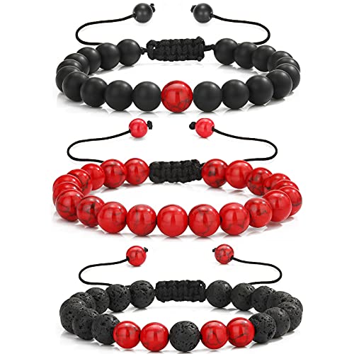 MengPa Mens Beaded Bracelets Bracelet Lava Rock Beads Stone Trendy Jewelry Sets Gifts for Him Boy Boyfriend Howlite-Red US4557A