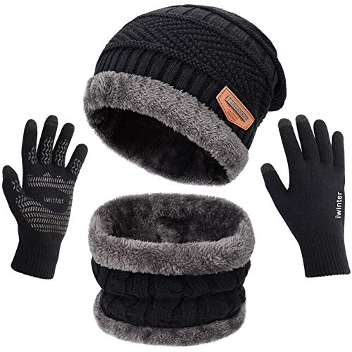 MAYLISACC 3 Pcs Warm Winter Knit Hat Scarf and Glove Set for Men Women Tech Touchscreen Gloves Black