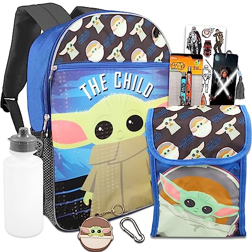 Disney Bundle Star Wars Baby Yoda School Backpack Set for Kids ~ 4 Pc Bundle With 16inch The Child School Bag, Pens, Stickers, And More | Mandalorian School Supplies