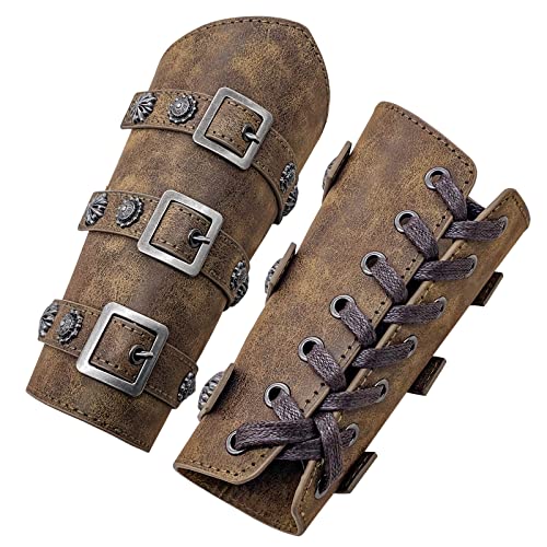 HiiFeuer Medieval PU Leather Buckle Arm Bracers, Knight LARP Retro Renaissance Arm Guards, One Size One Pair (Bronze)