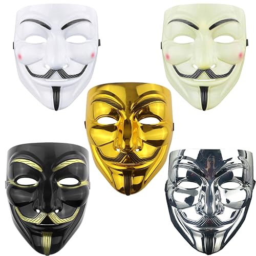 DeHasion 5 Packs V Mask Halloween Mask Costume Cosplay Anonymous Masks Hacker mask/1*Gold/1*White/1*Silver/2*Black(5-Pack)