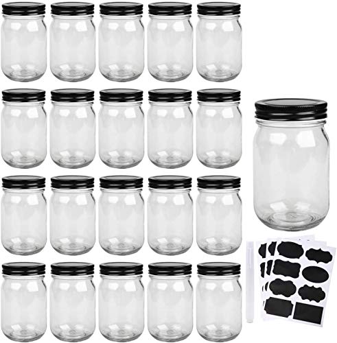 QAPPDA Mason Jars,Glass Jars With Lids 12 oz,Canning Jars For Pickles And Kitchen Storage,Wide Mouth Spice Jars With Black Lids For Honey,Caviar,Herb,Jelly,Jams,Set of 20