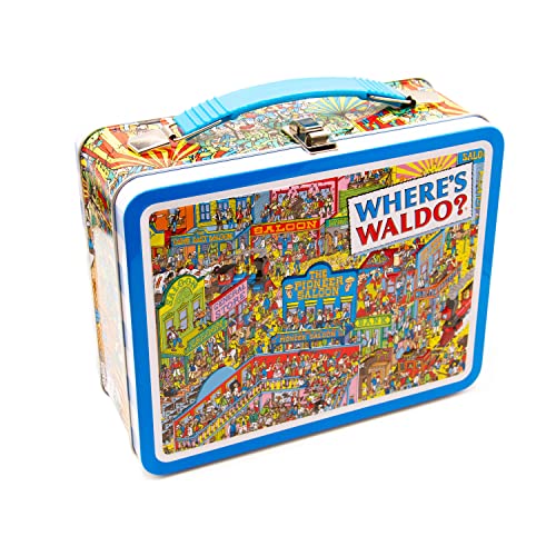 AQUARIUS Where's Waldo Fun Box - Sturdy Tin Storage Box with Plastic Handle & Embossed Front Cover - Officially Licensed Waldo Merchandise & Collectible Gift (48276)