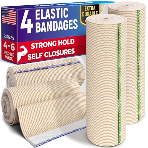Premium Elastic Bandage Wrap - 4pk (2x4', 2x6') – Self-Closing - Strong Compression Bandage Wrap - Waist, Thigh, Elbow, Knee Wrap