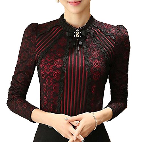 SansoiSan Women's Vintage Beaded buttons Pleated Shirt Long Sleeve Lace Stretchy Blouse (Red, Large)