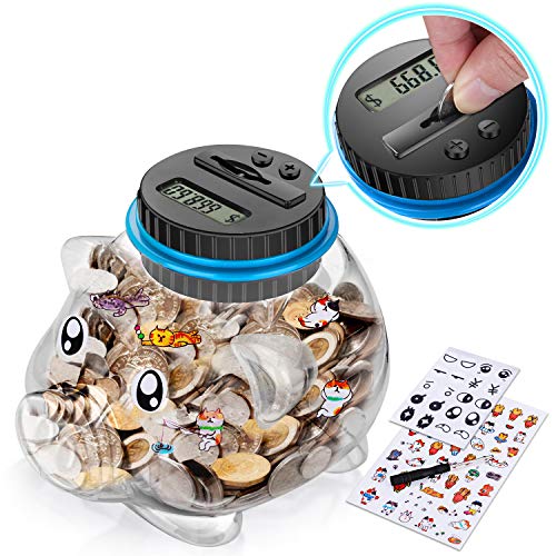 Digital Coin Piggy Bank, Coin Counter for Boys and Girls, Money Bank with Automatic LCD Display,Large Capacity, Digital Counting Money jar with Child Stickers