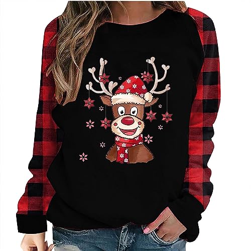 Ugly Christmas Sweaters for Women 2023 especiales de Black of Friday Womens Christmas Shirts Long Sleeve Raglan Funny Reindeer Print Tee Tops Buffalo Plaid Fashion Xmas Pullover Top
